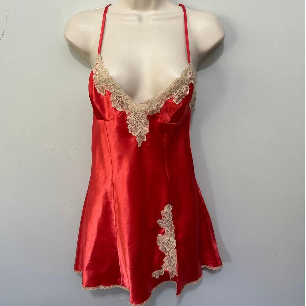 Vintage Fredericks of Hollywood Slip Dress Womens Small Red Satin Lace Trim Y2K